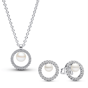 PANDORA set náhrdelník a náušnice Pearl & Pavé 393165C01-45+293154C01