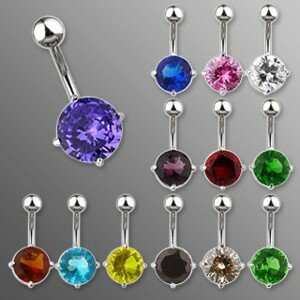 Piercing do brucha banán s veľkým okrúhlym zirkónom - Farba zirkónu: Modrá - B