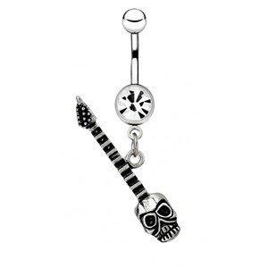 Oceľový piercing do bruška - lesklá gitara s lebkou