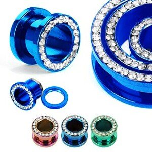 Farebný anodizovaný tunel do ucha z titánu so zirkónmi v kruhu - Hrúbka: 3 mm, Farba piercing: Modrá