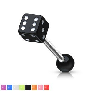 Piercing do jazyka z ocele - hracia kocka s bodkami bielej farby - Farba zirkónu: Modrá - B