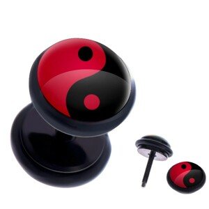 Fake plug do ucha z ocele - červeno-čierny symbol Jin a Jang