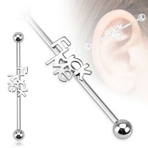 Piercing do ucha z ocele - činka s guľôčkami, nápis FUCK ME