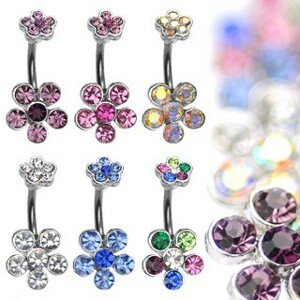 Piercing do bruška z ocele s farebnými zirkónovými kvetmi - Farba zirkónu: Modrá - B