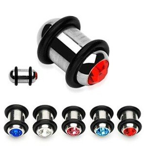 Plug do ucha z ocele s farebným zirkónom a dvoma gumičkami - Hrúbka: 6 mm , Farba zirkónu: Aqua modrá - Q
