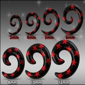 Čierny expander do ucha - špirála s červenými hviezdami - Hrúbka: 8 mm