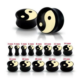 Lesklý čierny plug do ucha so symbolom Jin a Jang - Hrúbka: 6 mm