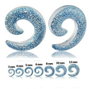 Priehľadný expander do ucha - špirála s modrými trblietkami - Hrúbka: 4 mm