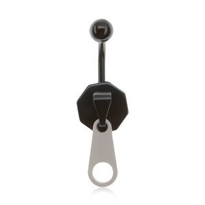 Oceľový piercing do brucha čiernej farby, zips, biely jazýček