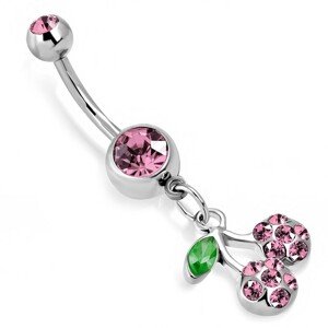 Piercing do brucha - čerešne na stonke a lístok, ligotavé brúsené zirkóny