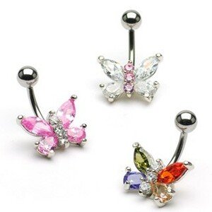 Piercing do pupka z ocele, farebný zirkónový motýľ - Farba zirkónu: Ružová - Číra