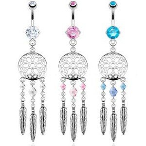 Piercing do pupka z ocele - lapač snov, farebné korálky a oceľové pierka - Farba zirkónu: Aqua modrá - Q