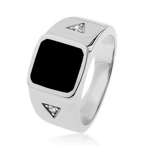 Strieborný prsteň 925, štvorec s čiernou glazúrou, trojuholníky so zirkónom - Veľkosť: 59 mm