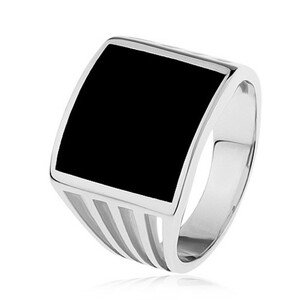 Strieborný prsteň 925, čierny glazúrovaný štvorec, výrezy na ramenách - Veľkosť: 59 mm