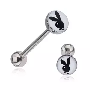 Oceľový piercing do jazyka - čiernobiely zajac s mašľou