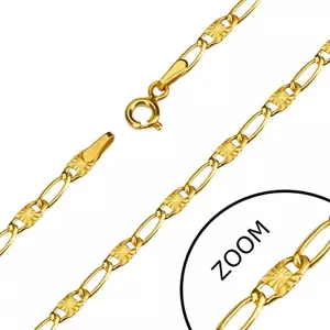 Náramok v žltom 14K zlate - dlhšie tenké očká, lúčovité zárezy, 190 mm