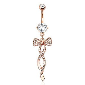 Piercing do brucha z ocele zlatej farby, mašľa s čírymi kamienkami