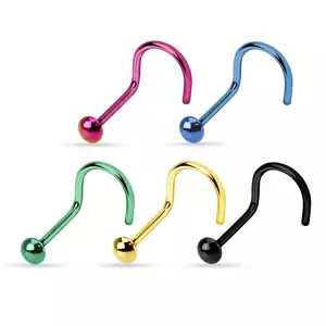 Zahnutý piercing do nosa z ocele 316L, vypuklá hlavička, rôzne farby - Hrúbka piercingu: 1 mm, Farba piercing: Modrá