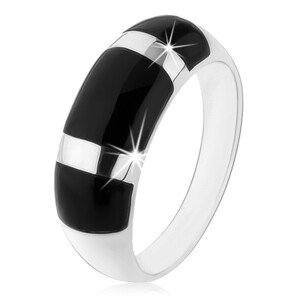 Prsteň zo striebra 925, vypuklý zaoblený povrch, čierne obdĺžniky - Veľkosť: 48 mm