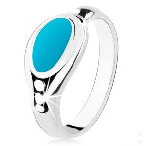 Strieborný prsteň 925, tyrkysovomodrý ovál, lesklý okraj, tri guľôčky - Veľkosť: 48 mm