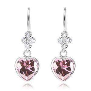 Strieborné náušnice 925, číre krištáliky Swarovski, ružové zirkónové srdce