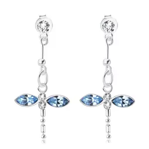 Strieborné 925 náušnice, visiaca vážka, modré a číre krištále Swarovski