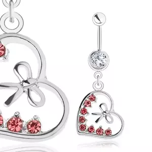 Piercing do bruška, oceľ 316L, kontúra srdiečka, mašľa, ružové zirkóny