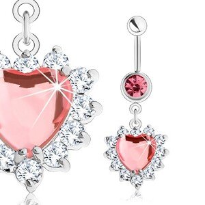 Piercing do pupka z ocele 316L, zirkónové srdce lososovej farby, číry ligotavý lem