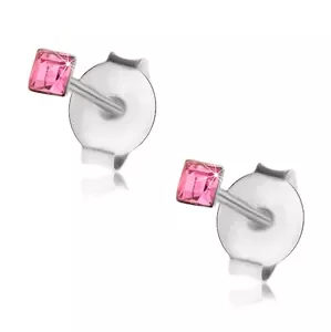 Náušnice zo striebra 925, ružový krištálik Swarovski - štvorček, 2 mm