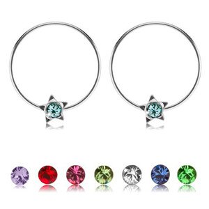 Strieborné okrúhle náušnice 925, hviezdička s farebným krištálikom Swarovski - Farba: Modrá