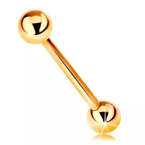 Piercing zo žltého 14K zlata - činka, dve lesklé hladké guľôčky, 16 mm