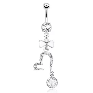Piercing do brucha, chirurgická oceľ, mašľa, kontúra srdiečka, číre zirkóny