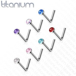 Zahnutý piercing do nosa z titánu - drobný okrúhly zirkón v objímke, 0,8 mm - Farba zirkónu: Modrá - B