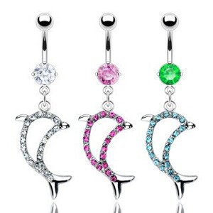 Piercing do pupku delfín so zirkónmi - Farba zirkónu: Aqua modrá - Q