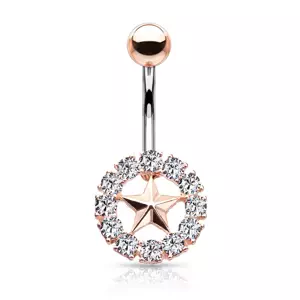 Piercing do bruška z ocele - krúžok s čírymi kryštálikmi, hviezda, rôzne farby - Farba: Zlatá