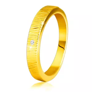 Diamantový prsteň zo žltého 14K zlata - jemné ozdobné zárezy, číry briliant, 1,5 mm - Veľkosť: 64 mm