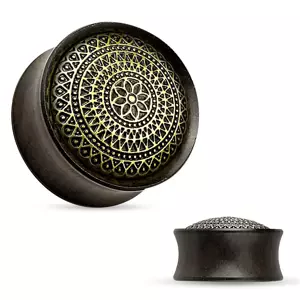 Drevený sedlový plug tmavohnedej farby, vyrezávaný kruh zlatej farby - Hrúbka: 19 mm