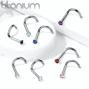 Zahnutý piercing do nosa z titánu, drobný okrúhly zirkón v kotlíku, 0,8 mm - Farba zirkónu: Modrá - B
