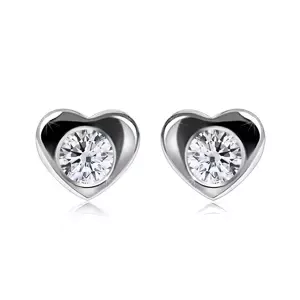 Briliantové náušnice z bieleho 585 zlata - lesklé srdce, okrúhly diamant, puzetky