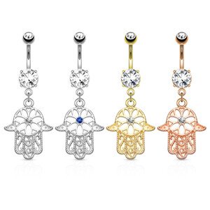 Oceľový piercing do bruška - výraznejší okrúhly zirkón, visiaci symbol Hamsa - Farba piercing: Medená - číra
