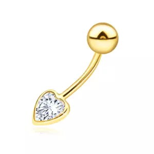 Zlatý 14K piercing do pupka - srdce, číry zirkón s hladkou obrubou