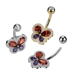 Piercing do pupka z ocele - motýľ s farebnými zirkónovými krídlami - Farba: Strieborná