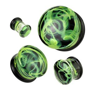 Plug do ucha z pyrex skla - žltozelený dymový efekt, čierne a číre zakončenia - Hrúbka piercingu: 6 mm