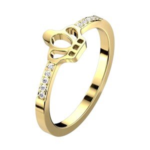 Prsteň z ocele 316L zlatej farby - korunka, číre zirkóny, úzke ramená - Veľkosť: 49 mm