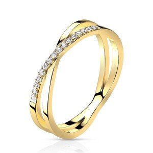 Prsteň z 316L ocele - prekrížené ramená, zirkónová línia, zlatá farba - Veľkosť: 54 mm