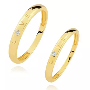 Diamantové obrúčky zo žltého 14K zlata - nápis LOVE, okrúhly číry briliant - Veľkosť: 64 mm