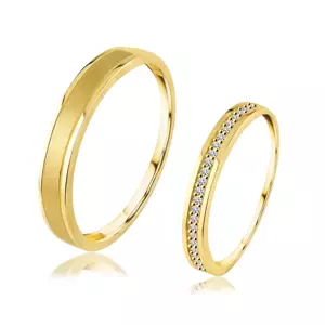 Obrúčky zo žltého 14K zlata - dámska s čírymi zirkónmi, pánska s matným pásikom - Veľkosť: 62 mm