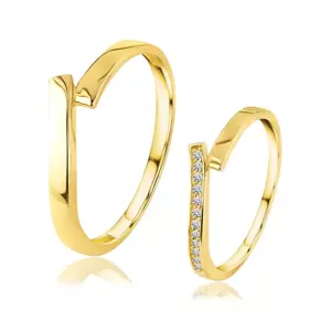 Obrúčky zo žltého 14K zlata - rozdelené ramená, dámske veľkosti s čírymi zirkónmi - Veľkosť: 51 mm