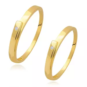 Obrúčka zo žltého 14K zlata - rozdvojené ramená s čírym briliantom - Veľkosť: 49 mm
