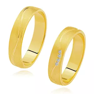 Obrúčky zo žltého 14K zlata - lesklá vlnka, číre zirkóny, matný povrch - Veľkosť: 54 mm
